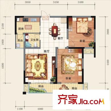 奧克斯博客城戶型圖（已售完）兩房J戶型 2室2廳1衛(wèi)1廚