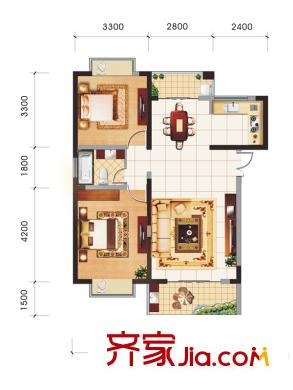 奧克斯博客城戶型圖二期“藍鉆”31#、32#樓N2戶型 2室2廳1衛(wèi)1廚