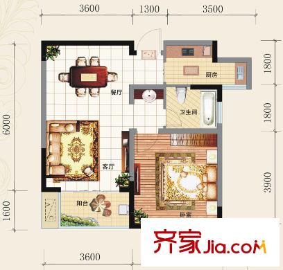 奧克斯博客城戶型圖（已售完）一房F戶型 1室2廳1衛(wèi)1廚