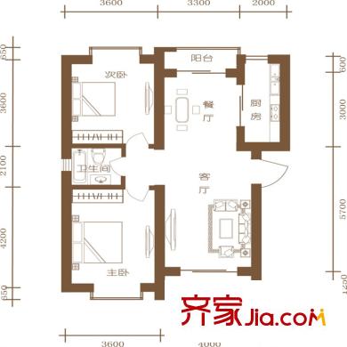 現(xiàn)代銘園戶(hù)型圖一期高層3#樓A戶(hù)型 2室2廳1衛(wèi)1廚