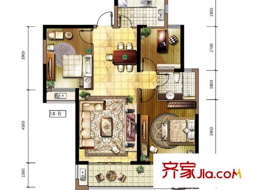 保利百合户型图一期高层1#B户型 3室2厅1卫1厨