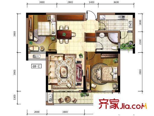 保利百合户型图一期高层2#E户型 2室2厅1卫1厨