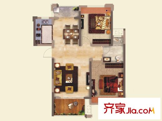 路通沁园一期5#A2户型 2室2厅1卫1厨