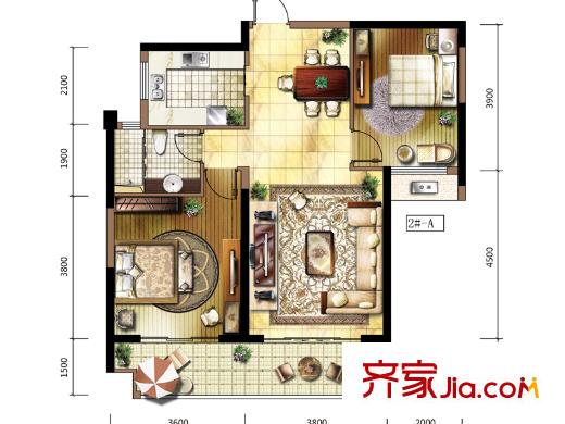 保利百合户型图一期高层1#A户型 2室1厅1卫1厨