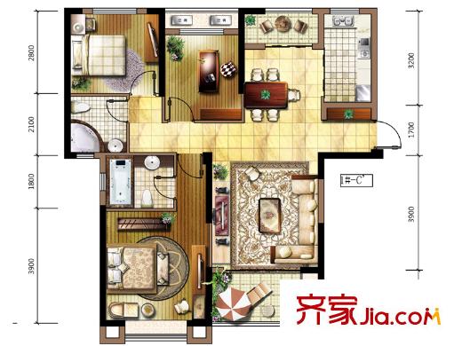 保利百合户型图一期高层1#C户型 3室2厅2卫1厨