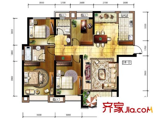 保利百合户型图一期高层2#D户型 4室2厅2卫1厨