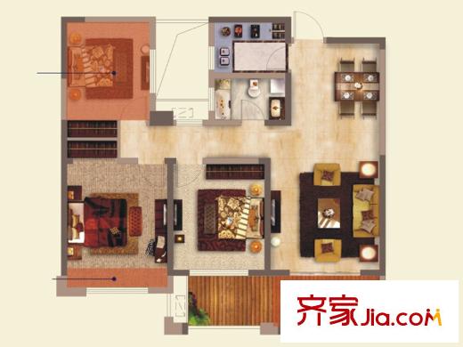 路通沁园一期5#A1户型 2室2厅1卫1厨