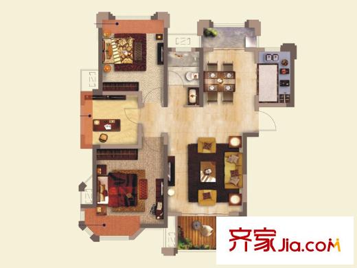 路通沁园一期5#B户型 3室2厅1卫1厨