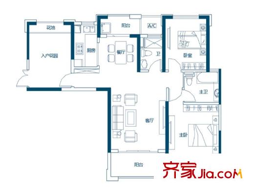 銀凱公元九瓏三期25#樓D3戶型圖 2室2廳2衛(wèi)1廚