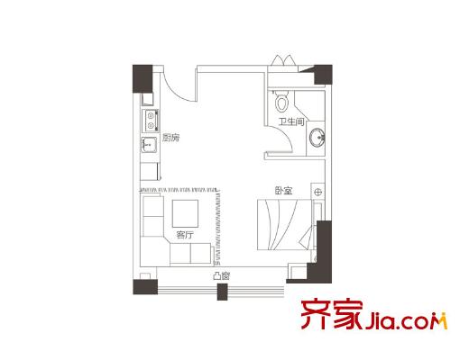 銀凱公元九瓏三期LOFT公寓甲殼蟲(chóng)1戶型 1室1廳1衛(wèi)1廚