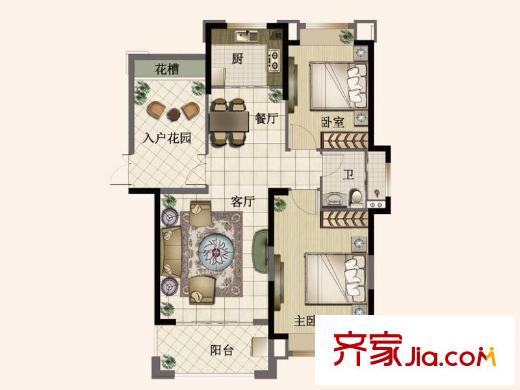 銀凱公元九瓏一期高層B1戶型 2室2廳1衛(wèi)1廚