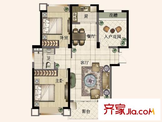 銀凱公元九瓏一期高層C1戶型 2室2廳1衛(wèi)1廚