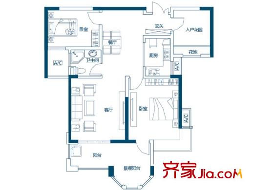 銀凱公元九瓏三期25#樓D2戶型圖 2室2廳1衛(wèi)1廚