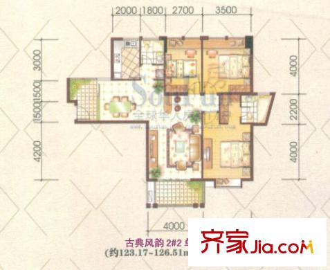 高氏音乐花园户型图高层2#楼B户型 3室2厅2卫1厨