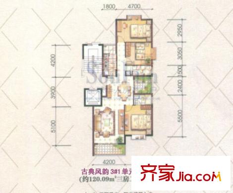 高氏音乐花园户型图高层1#楼C1户型 3室2厅2卫1厨