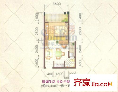 高氏音乐花园户型图高层1#楼L户型 1室1厅1卫1厨