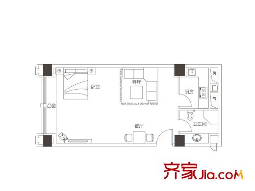 銀凱公元九瓏三期LOFT公寓甲殼蟲(chóng)3戶型 1室2廳1衛(wèi)1廚