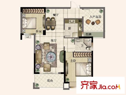 銀凱公元九瓏一期高層A2戶型 2室2廳1衛(wèi)1廚