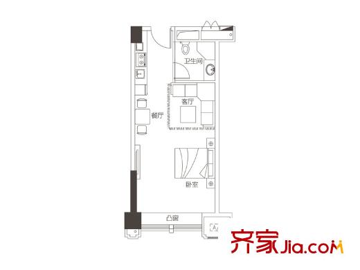 銀凱公元九瓏三期LOFT公寓甲殼蟲(chóng)2戶型 1室2廳1衛(wèi)1廚