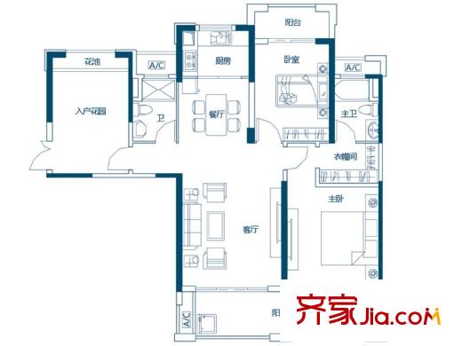 銀凱公元九瓏三期25#樓D4戶型圖 2室2廳1衛(wèi)1廚