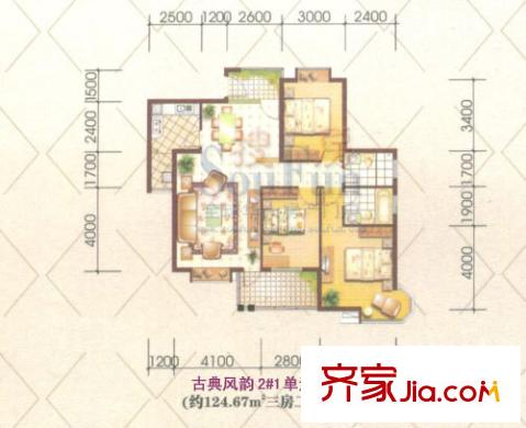 高氏音乐花园户型图高层2#楼A户型 3室2厅2卫1厨