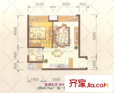 高氏音乐花园户型图高层1#楼F户型 1室1厅1卫1厨