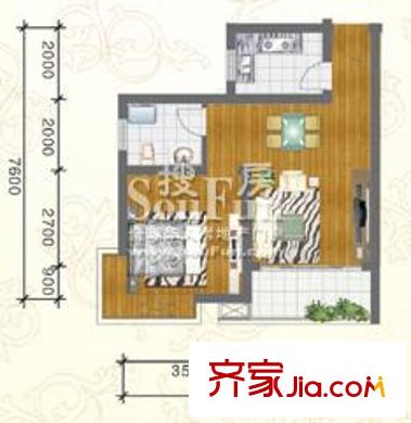 经纬府邸户型图三期高层12#楼F1户型 1室1厅1卫1厨