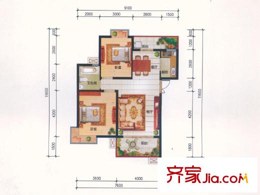 经纬府邸户型图三期高层21号楼A-1户型 2室2厅1卫1厨