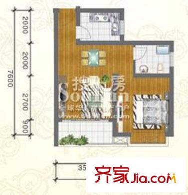 经纬府邸户型图三期高层12#楼F2户型 1室1厅1卫1厨