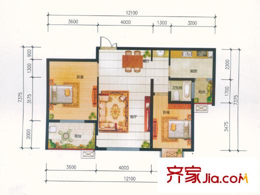 经纬府邸户型图三期高层21号楼A-2户型 2室2厅1卫1厨