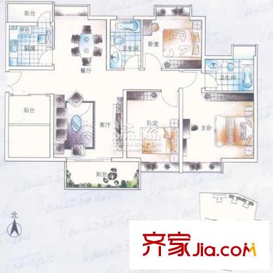 景河星宫户型图二期B户型三房两厅两卫114.04平方米 3室2厅2卫1厨