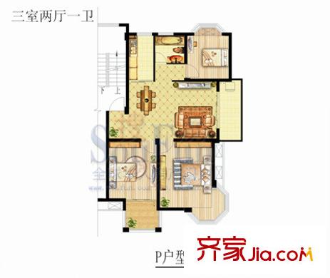 華達(dá)金沙逸都戶型圖P戶型 3室2廳1衛(wèi)1廚