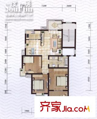 康城户型图时尚经典三房(左) 3室2厅1卫1厨
