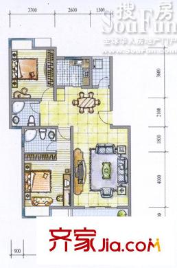 荣昌格林晴天户型图B户型 2室2厅2卫1厨