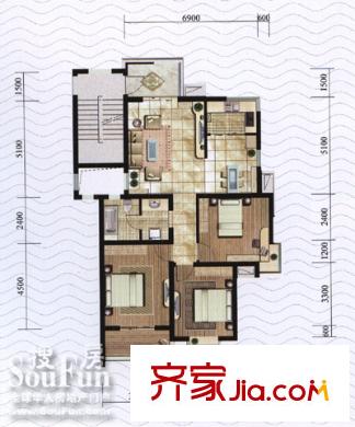 康城户型图时尚经典三房(左) 3室2厅1卫1厨