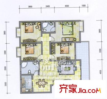 荣昌格林晴天户型图K户型 4室2厅2卫1厨