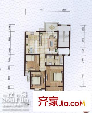 康城户型图时尚经典三房(左) 3室2厅1卫1厨