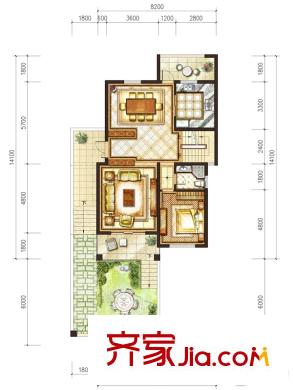 江铃瓦良格叠拼别墅A户型1楼 1室2厅1卫1厨