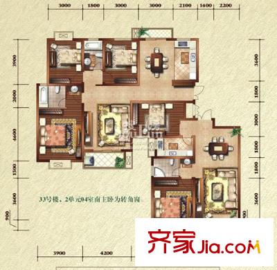 中大青山湖花园户型图G1-1&3户型 2室2厅2卫1厨