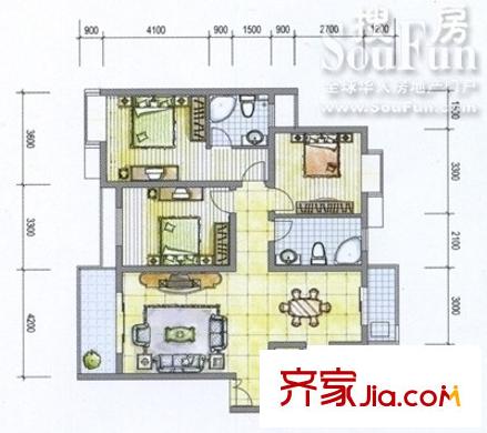 荣昌格林晴天户型图E户型 3室2厅2卫1厨