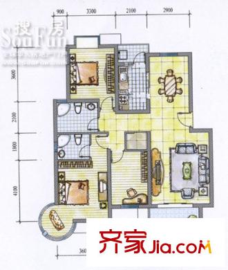 荣昌格林晴天户型图D户型 3室2厅2卫1厨