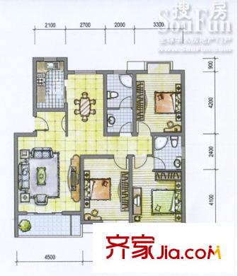 荣昌格林晴天户型图F户型 3室2厅2卫1厨