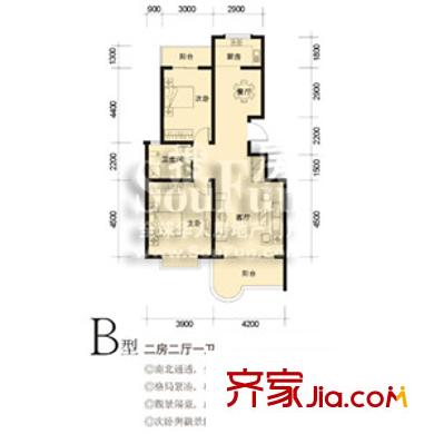 秀泊经典户型图b 2室2厅1卫1厨