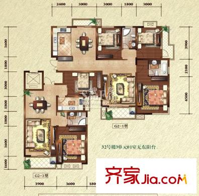中大青山湖花园户型图G2-1&3户型 2室2厅2卫1厨