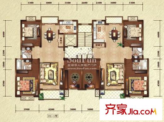 中大青山湖花园户型图F1-1&2户型 3室2厅2卫1厨