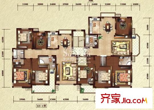 中大青山湖花园户型图E5-1&2户型 4室2厅2卫1厨