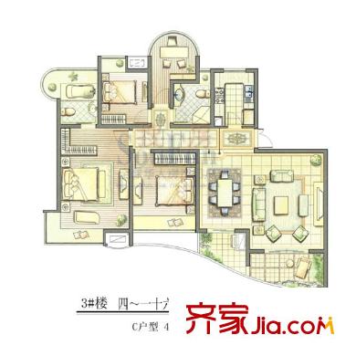 恒茂国际都会户型图C-1户型 4室2厅2卫1厨