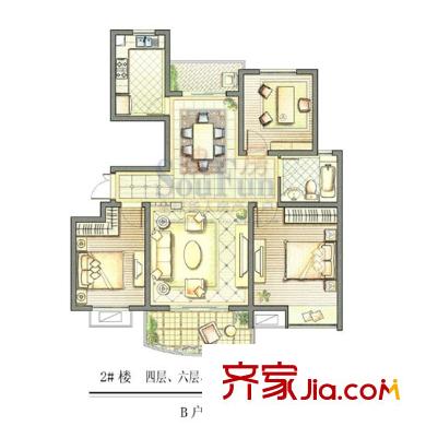 恒茂国际都会户型图B-3户型 3室2厅1卫1厨