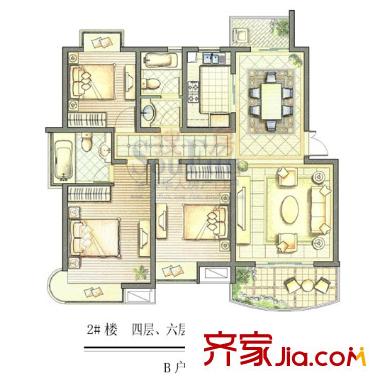 恒茂国际都会户型图B-2户型 3室2厅2卫1厨