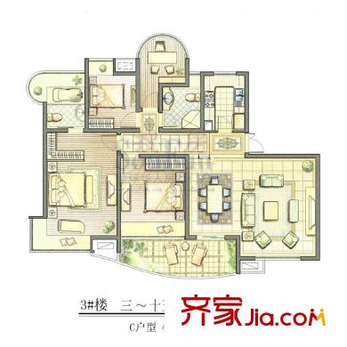 恒茂国际都会户型图C-2户型 4室2厅2卫1厨